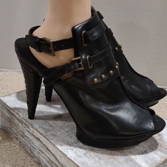 👍 Vintage  B Makowsky Black Studded Platform Heels Size 10 Dominatrix Dance  A8 - Picture 1 of 7